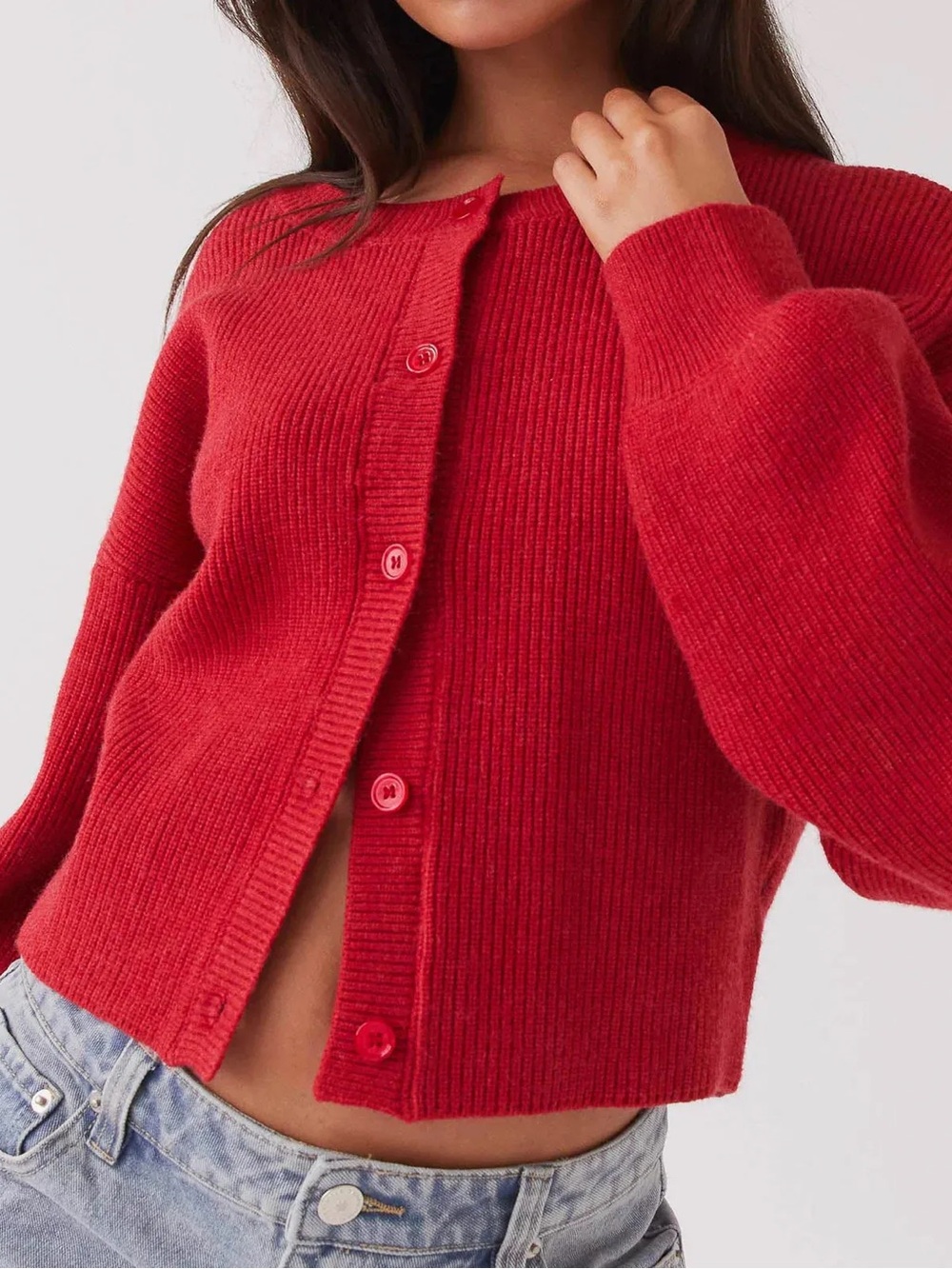Peppermayo Red Ribbed Button-Up Cropped Cardigan